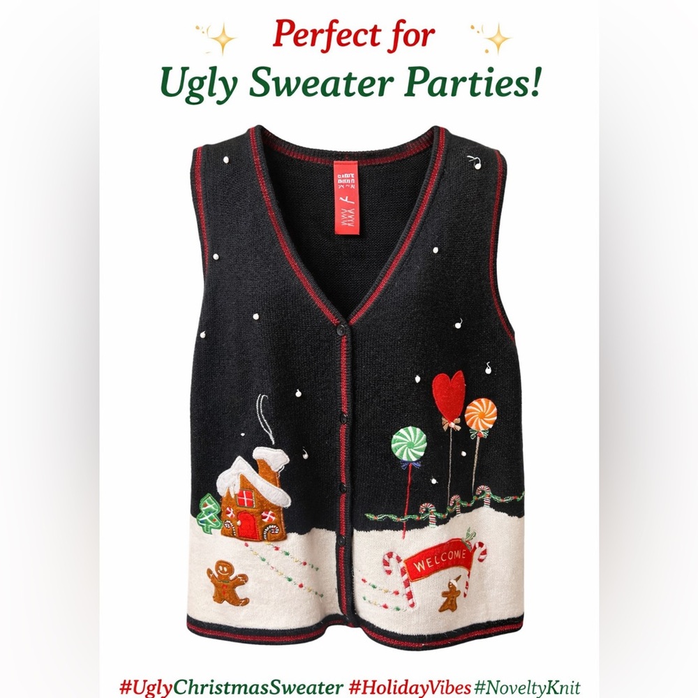 Vintage Christmas Sweater Vest Gingerbread Ugly Christmas Embroidered, XL